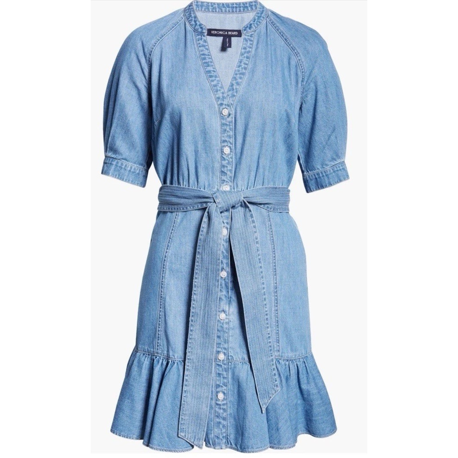 Veronica Beard Blue Denim Kanika Flounce Hem Belted Dress Size Xxs $398